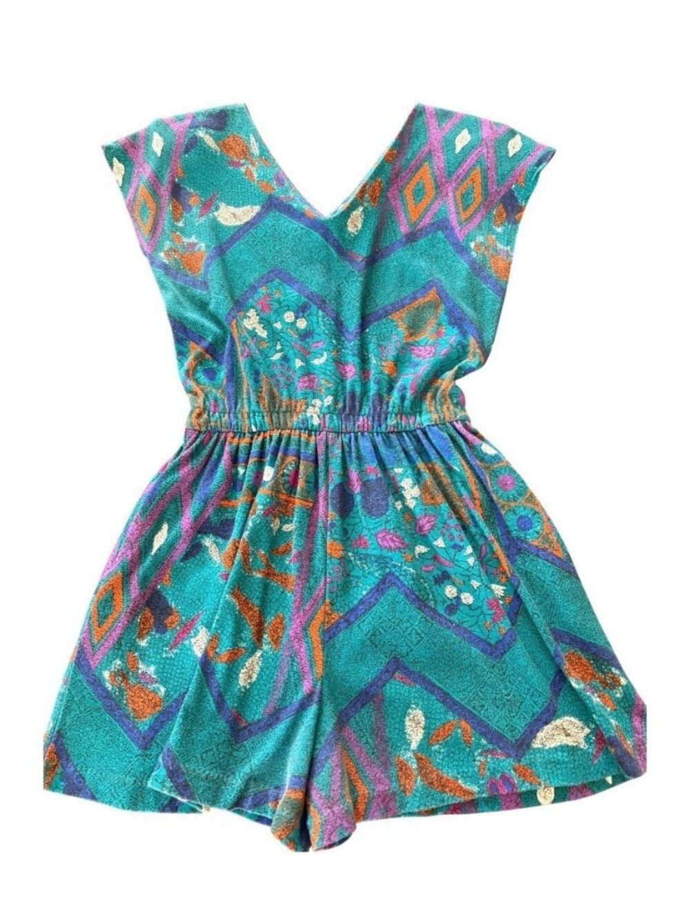 Vtg 80's Teal Geometric Abstract Print Shorts Romper Cinched Elastic Waist Sz M